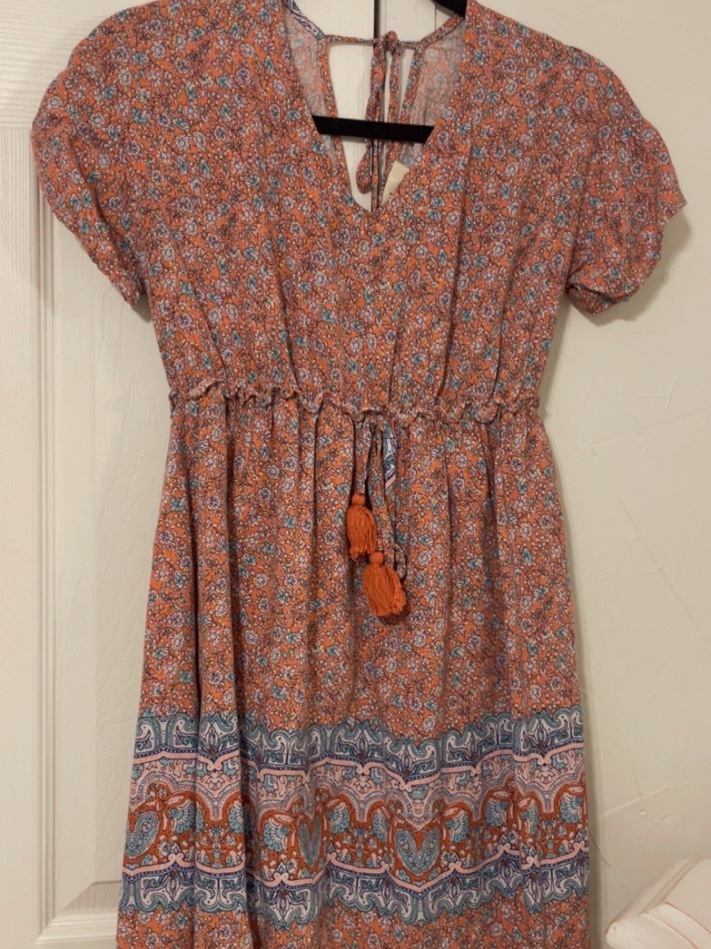 BeBop Coral Floral Keyhole Dress with Blue Accents